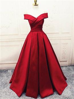 Picture of Fashionable Dark Red Color Satin Simple Off Shoulder Prom Dresses, Red Color Party Dresses Evening Dresses